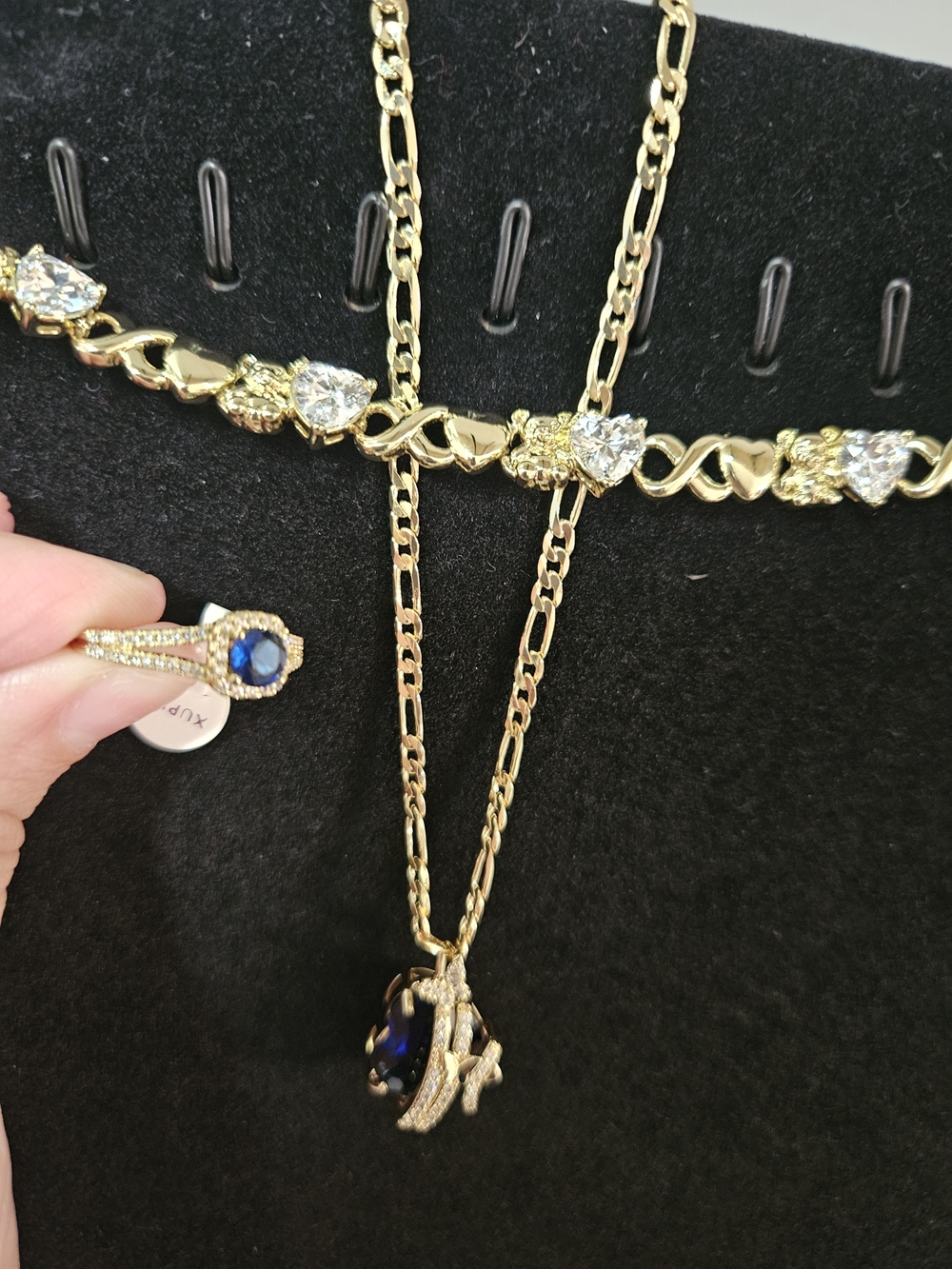 Gold Filled Blue Sapphire Pendant Necklace and Ring Set Xuping